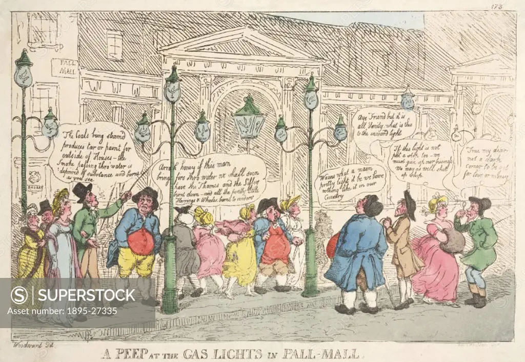 Hand-coloured engraving by Thomas Rowlandson (1756-1827) after a drawing by George Moutard Woodward (1760-1809). A caricature of the reactions to the ...