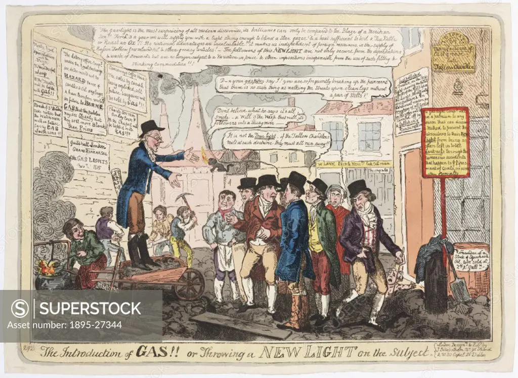 Hand-coloured engraving subtitled Throwing a New Light on the Subject’ by George Cruikshank (1792-1878), satirising the introduction of gas street li...