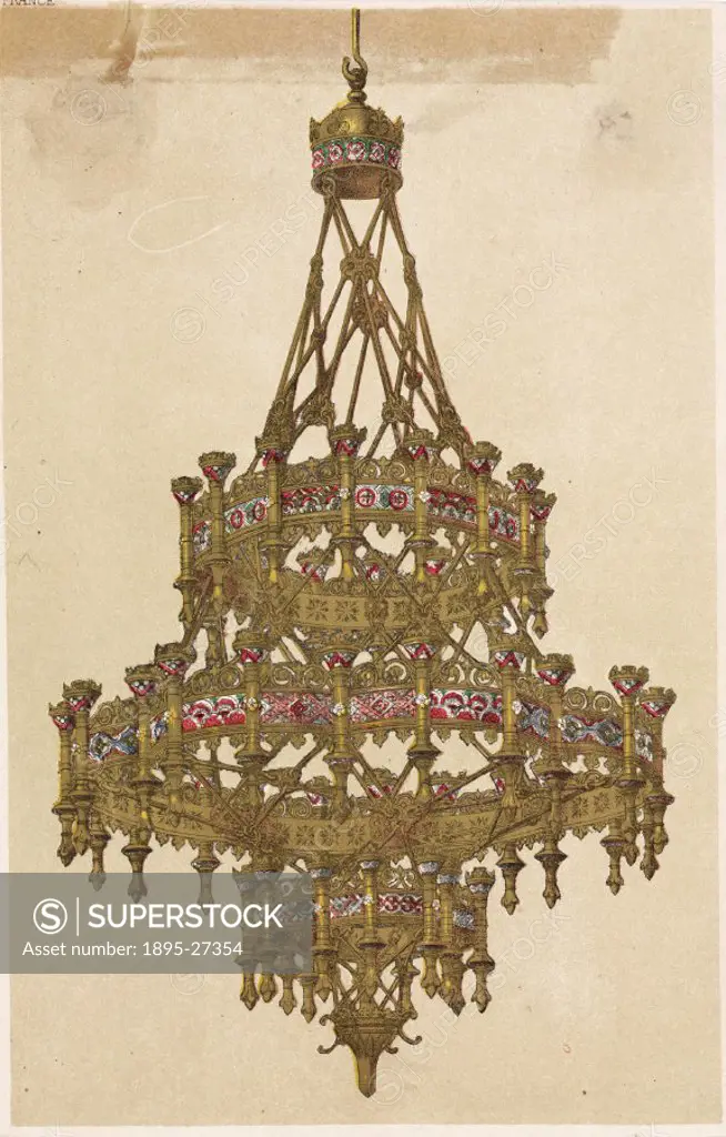 Chromolithograph by J B Waring from a series of eight lamps and chandeliers from Warings ‘Masterpieces of Industrial Art and Sculpture at the Interna...