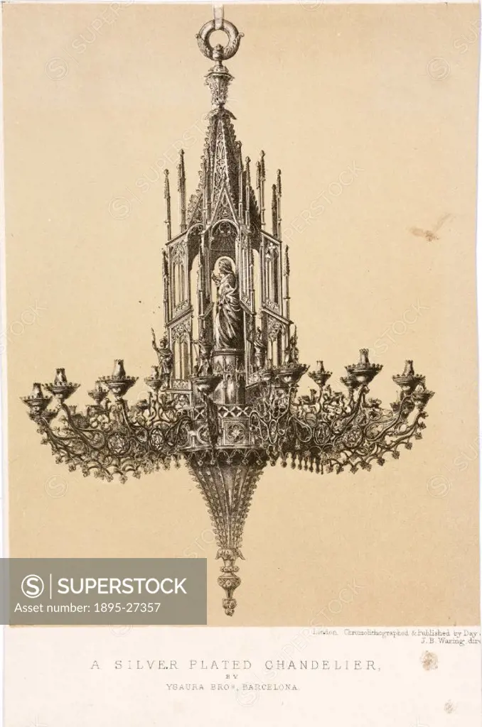 Chromolithograph by J B Waring of a silver plated chandelier by Ysaura Brothers, Barcelona, Spain. From a series of eight lamps and chandeliers from W...