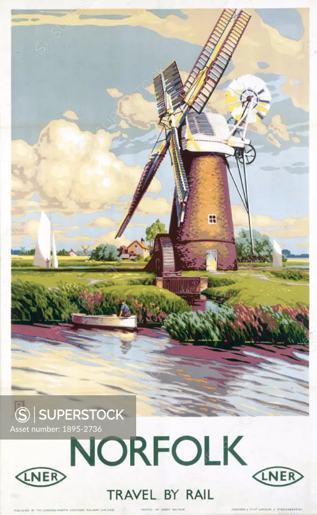 Poster produced for London & North Eastern Railway (LNER) to promote rail travel to Norfolk. Artwork by B’.