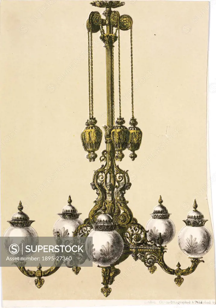 Chromolithograph by J B Waring from a series of eight lamps and chandeliers from Warings ‘Masterpieces of Industrial Art and Sculpture at the Interna...