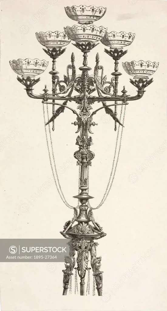 One of a group of five designs for gasoliers, chandeliers and oil lamps. Taken from a collection of prints and books documenting the early history of ...