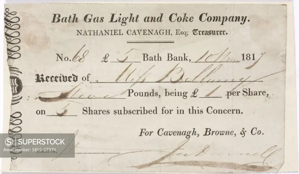 Reciept for £5 of Bath Gas Light and Coke Company shares. Taken from a collection of prints and books documenting the early history of the gas industr...