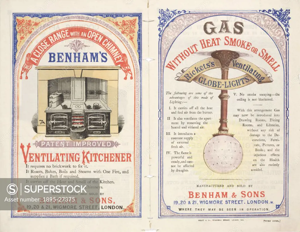 Gas without heat, smoke or smell’. A leaflet advertising ventilating globe lights and patent cooking apparatus by Benham & Sons, Wigmore Street, Lond...