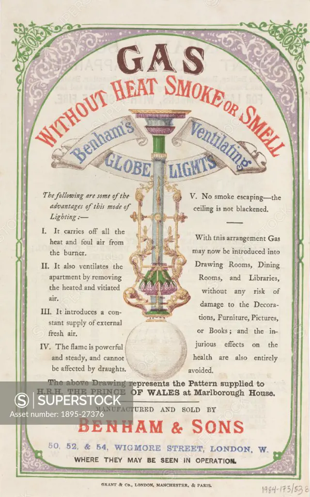 Gas without heat, smoke or smell’. A leaflet advertising ventilating globe lights by Benham & Sons, Wigmore Street, London. Taken from a collection o...