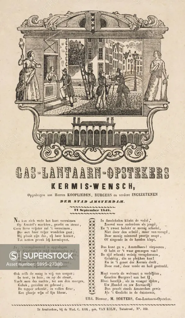 Gas-Lantaarn-Opstekers Kermis-Wensch’. Poster issued by the gas-lamp lighters of Amsterdam during the annual carnival on 11 September 1848. The verse...