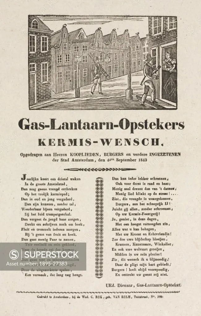 Gas-Lantaarn-Opstekers Kermis-Wensch’. Poster issued by the gas lamplighters on the occasion of Amsterdam’s annual carnival in September 1843 to wish...