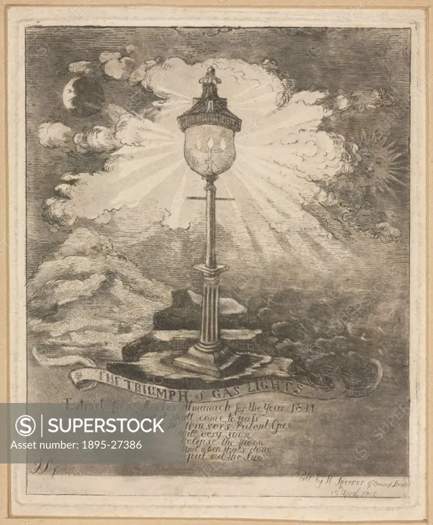Engraving by R Spencer, published by R Spencer (Great Ormond Street, London) 19 April 1810. Under the illustration of a great gas street light shining...