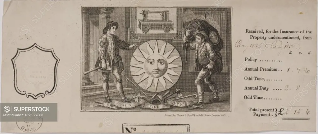 Engraving showing the Sun Fire Office emblem, and on one side a company fireman with an axe, and on the other a man, also wearing the companys ‘sun ...