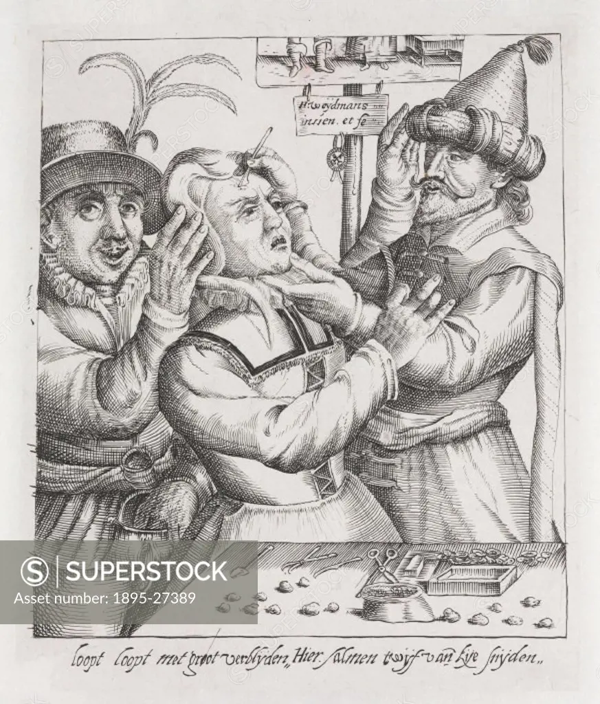 Netherlandish engraving by H W Weydmans, showing a quack doctor about to make an incision in a woman´s head to remove the stones that are supposedly e...