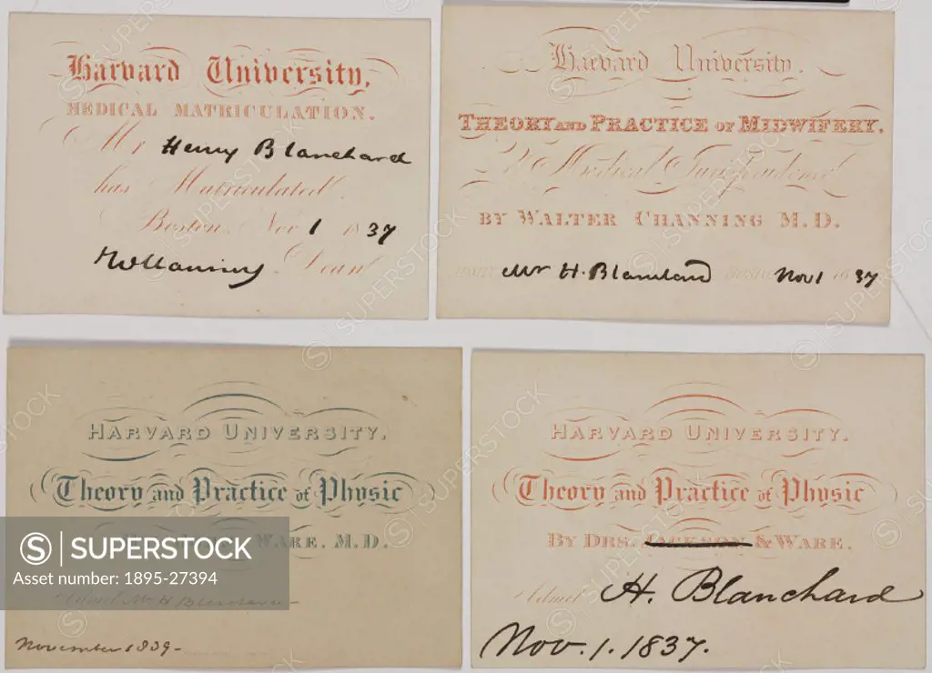 Three admission tickets to medical lectures on the theory and practice of physic (bottom) and midwifery (top right) and one medical matriculation card...