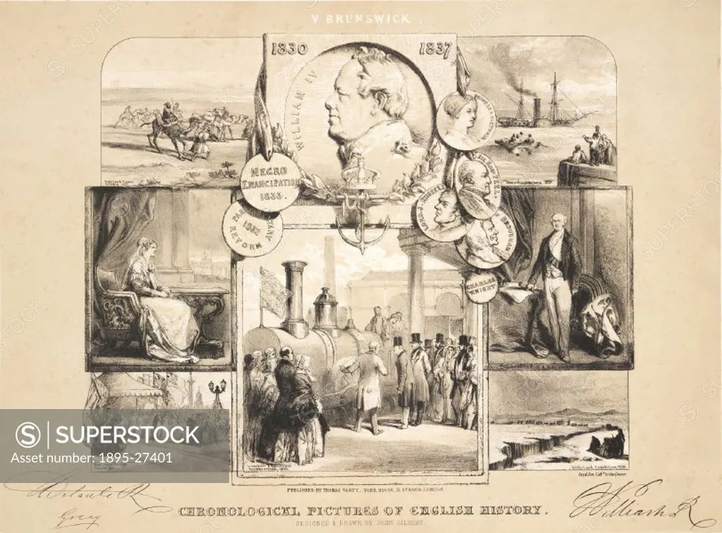 Lithograph by John Gilbert showing notable points in English history covering the period 1830 to 1837, the reign of William IV (1765-1837) . The centr...