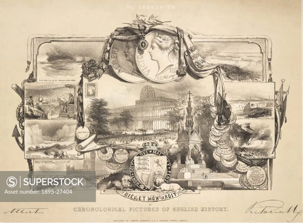 ´Lithograph headed by two medals with the heads of Queen Victoria (1819-1901) and Prince Albert (1819-1861). Several inter set scenes of contemporary ...