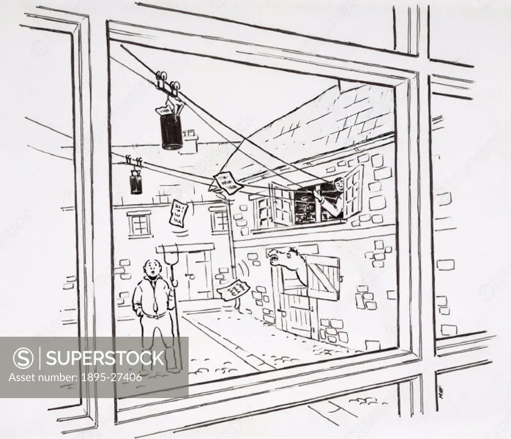 Ink on paper cartoon by Marc Foden, showing cylinders of mail moving on an aerial cable pulley system from the farmers house to his workshop above th...