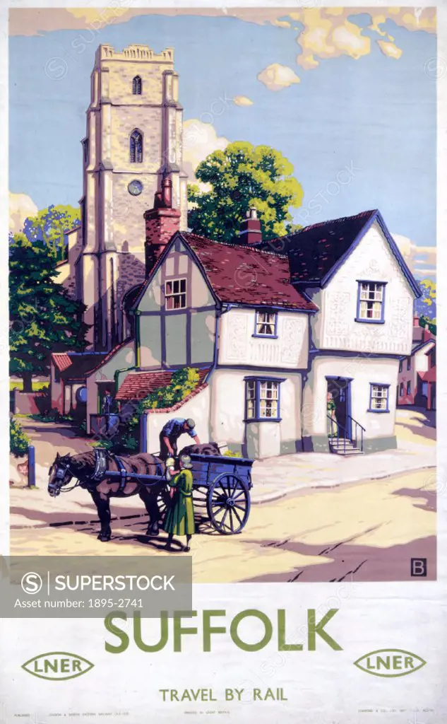 Poster produced by London & North Eastern Railway (LNER) to promote rail travel to Suffolk. Artwork by B’.
