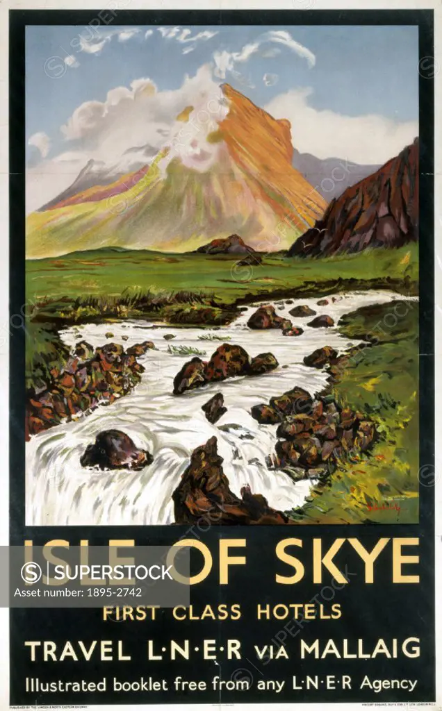 Poster produced for the London & North Eastern Railway (LNER), promoting rail travel to the Isle of Skye in the Scottish Highlands, showing a stream r...