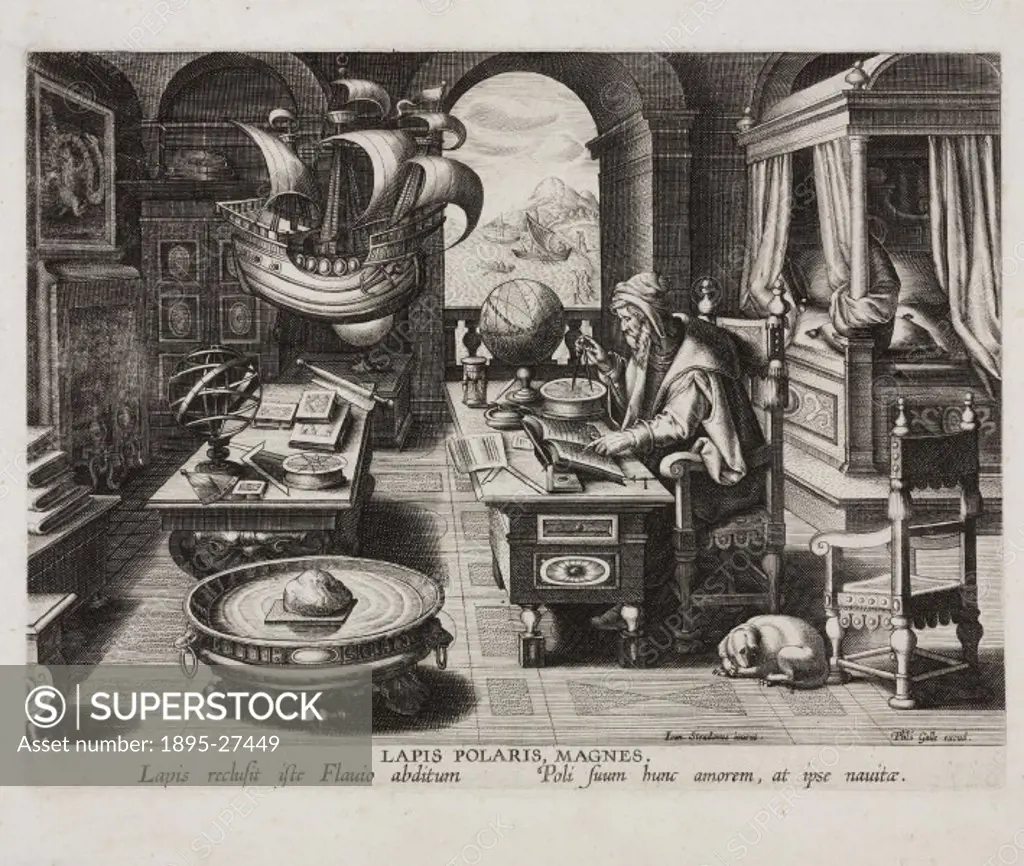 Engraving showing a man sitting at a desk reading from a book and using a compass. The interior is filled with mathematical instruments including terr...