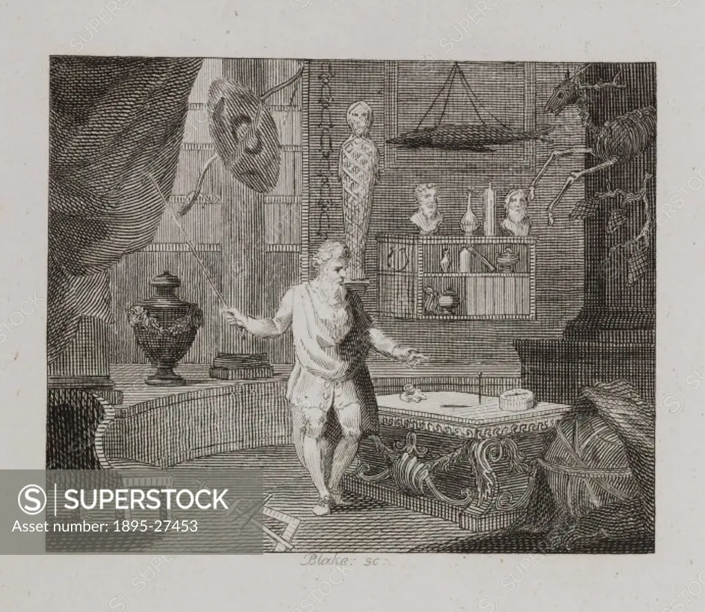 Engraving by William Blake (1757-1827), showing a man holding a stick, pointing at a pin standing upright on a table. The interior is full of scientif...