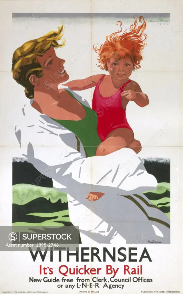 Poster produced for the London & North Eastern Railway (LNER) to promote rail travel to the North Yorkshire coastal resort of Withernsea, showing a yo...