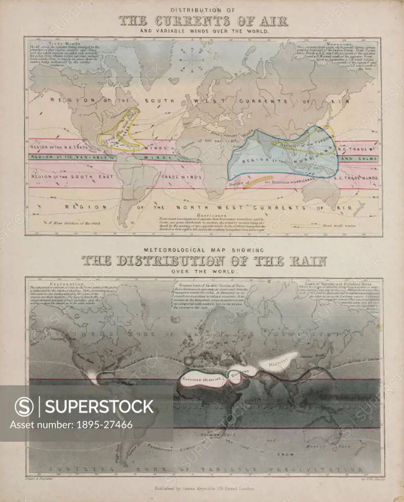 Two world maps The Currents of the Air’, showing prevailing and variable winds around the world, and The Distribution of the Rain’, illustrating glo...