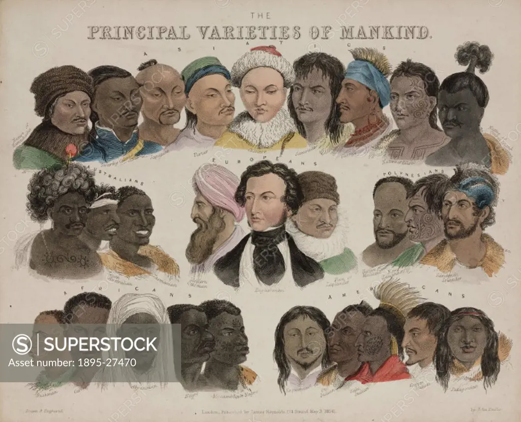 Coloured engraving by the British artist John Emslie after his original drawing, showing facial portraits from different parts of the world, and demon...