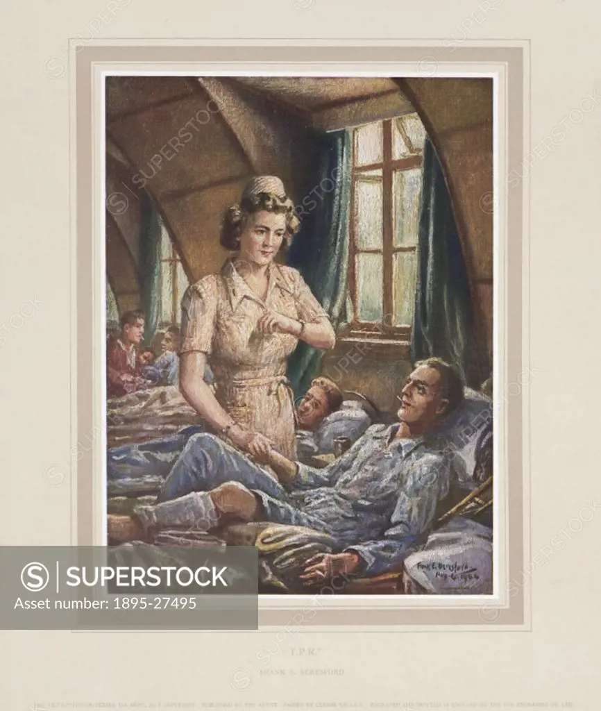 Engraving showing a nurse checking a wounded soldiers temperature, pulse and respiration (T P R), taken from a collection of 21 colour reproductions ...