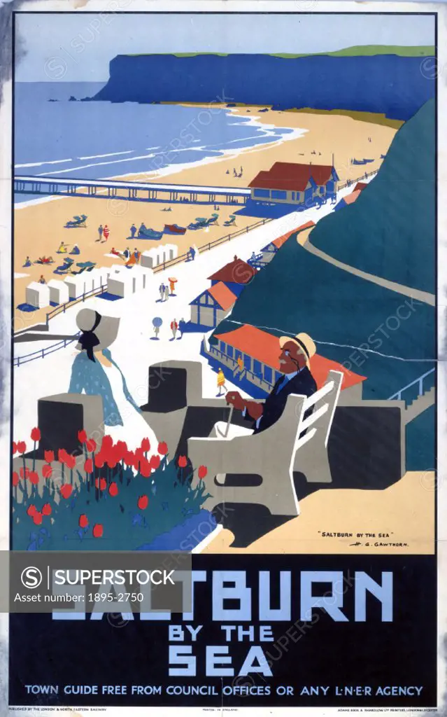 Poster produced for London & North Eastern Railway (LNER) to promote rail travel to Saltburn-by-the-Sea, Redcar & Cleveland. Artwork by Henry George G...