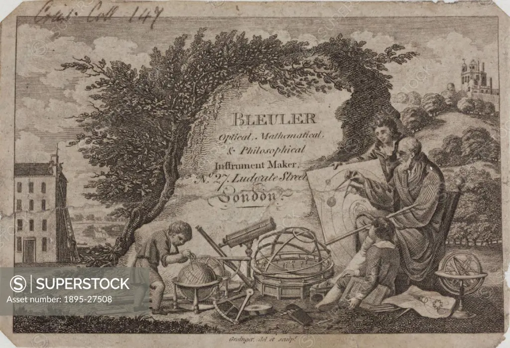 Bleulers premises were based at 27 Ludgate Street, London where they made mathematical, optical and philosophical instruments. The trade card illustr...