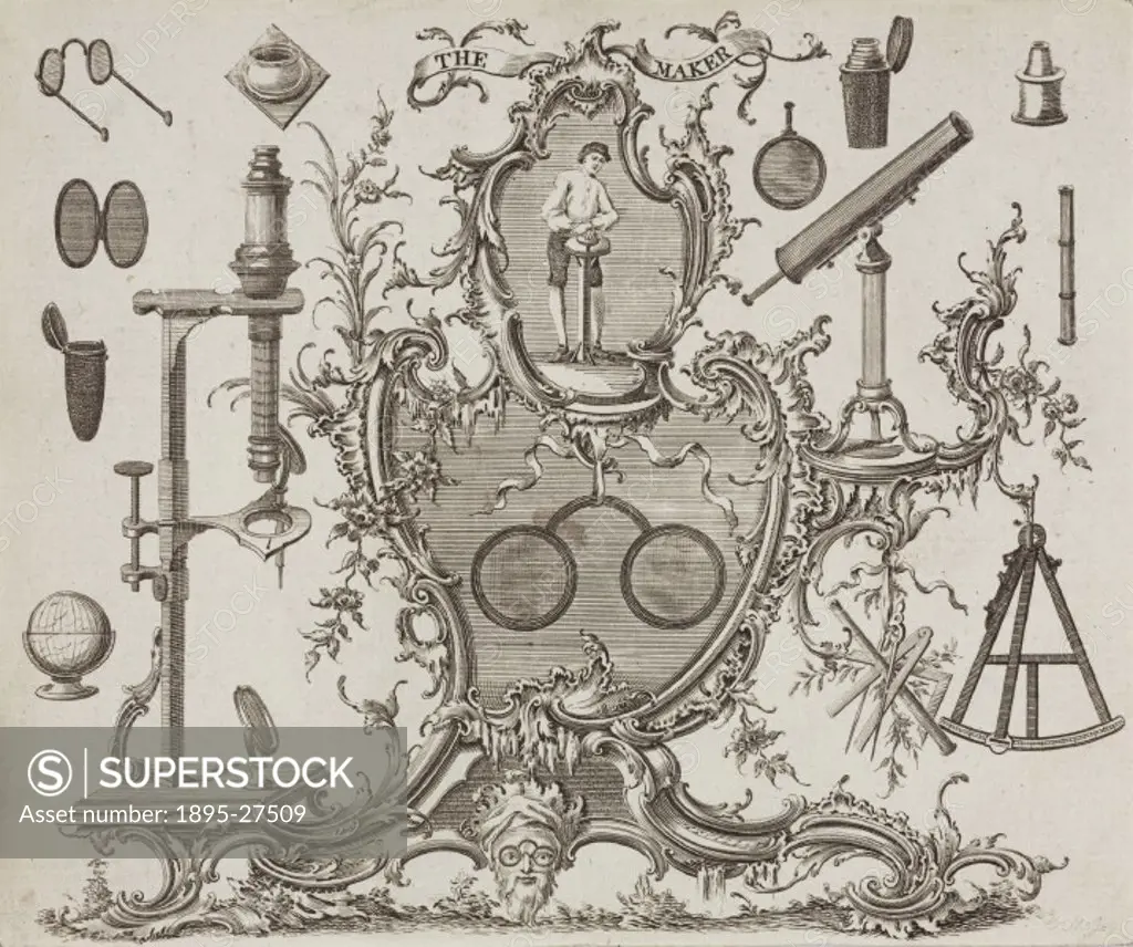 Decorative cartouche engraved by C Mosley illustrating various optical instruments including spectacles, telescopes, a reflecting microscope, a globe ...