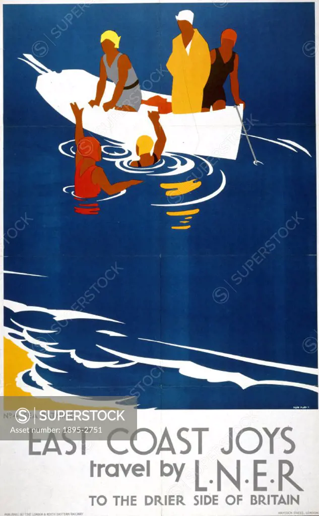 Poster produced for London & North Eastern Railway (LNER) to promote rail travel to the East Coast of England. This poster, entitled Sea Bathing’, wa...