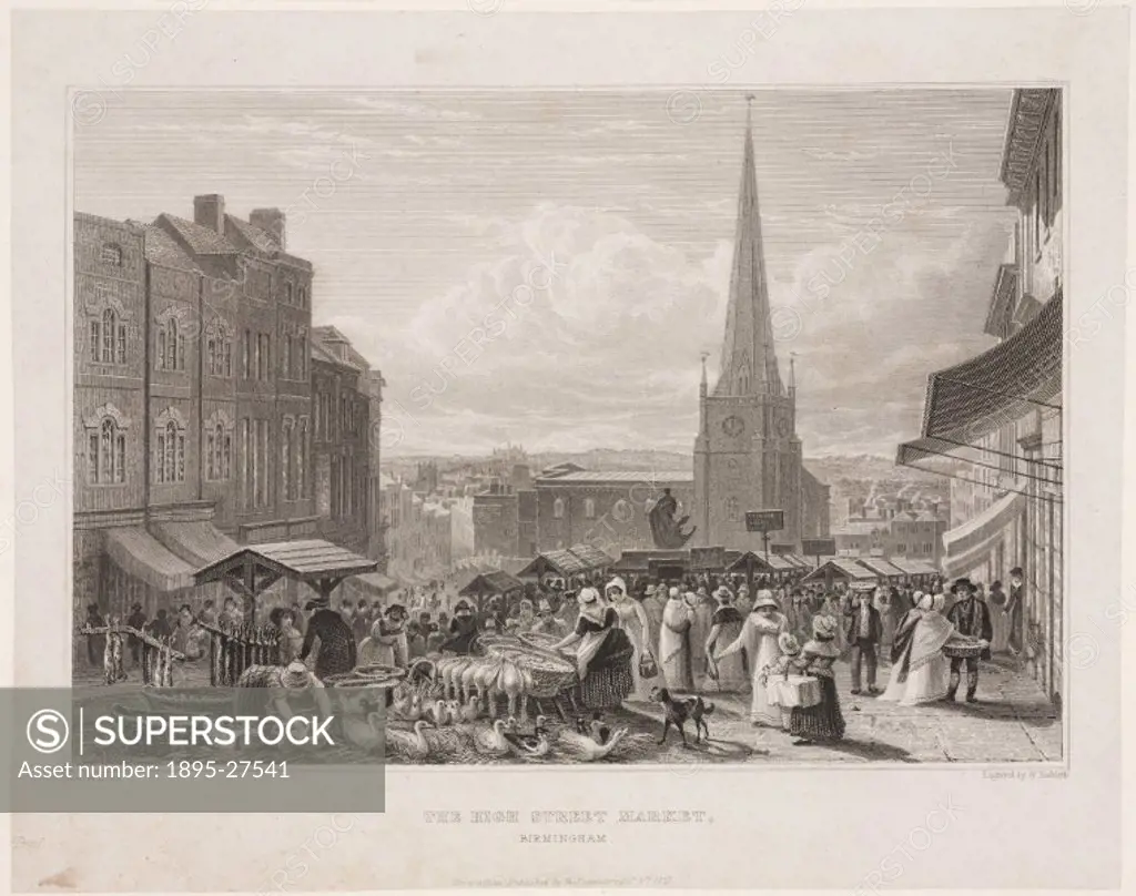 Engraving by William Radclyffe from a drawing by David Cox (1783-1859). This bustling image shows women shopping for livestock, including geese and ra...