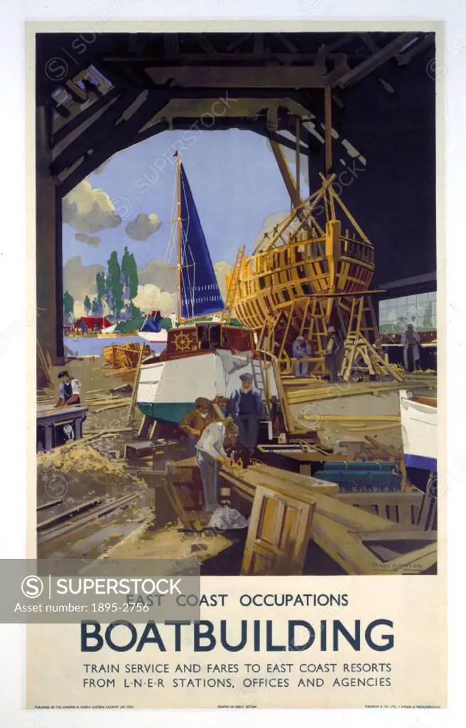 Poster produced for the London & North Eastern Railway (LNER) as part of a series called ´East Coast Occupations´. This poster is devoted to boatbuild...