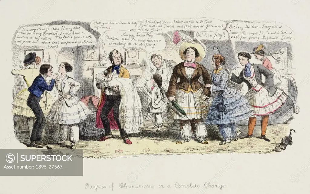 Satirical cartoon attacking the fashion for women to wear bloomers. Role reversal is taken to extreme lengths, men are left holding babies and an elde...