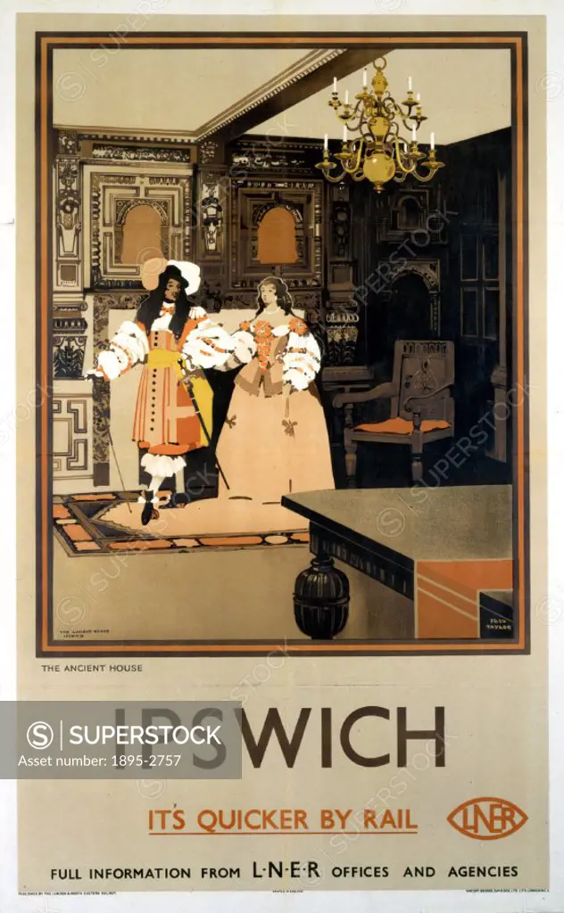 Poster produced for London & North Eastern Railway (LNER) to promote rail travel to Ipswich in Suffolk. The poster shows an interior view of the Ancie...