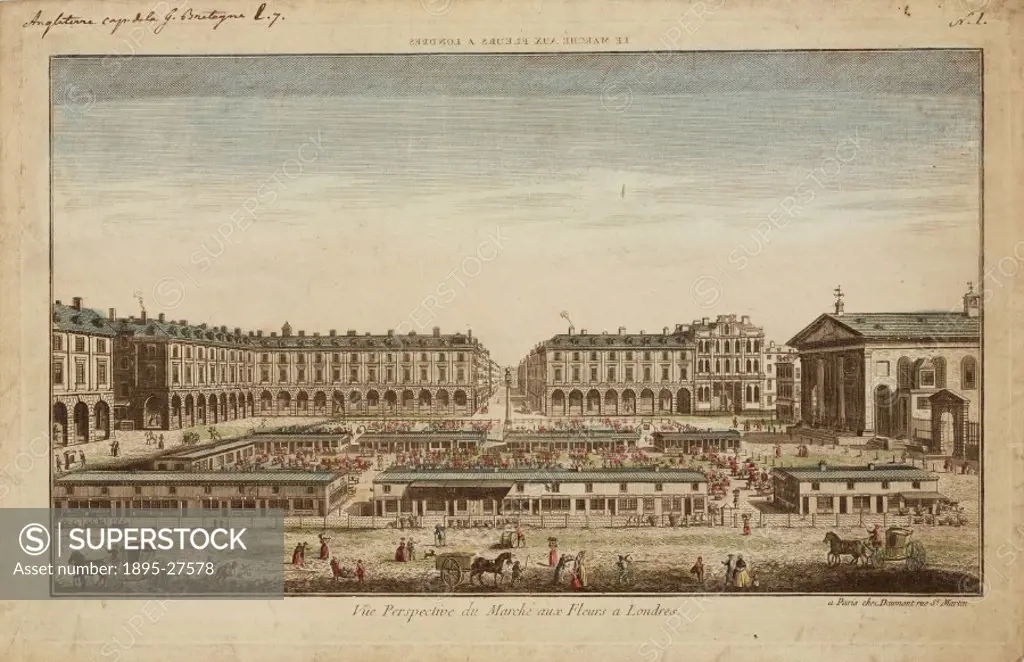 Illustration by Daumont. The original plans for Covent Garden were designed by Inigo Jones (1573-1652) in the 1630s. On the right of the image is St P...