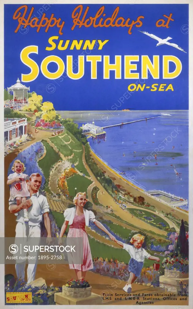Poster produced for London & North Eastern Railway (LNER) and London, Midland & Scottish Railway (LMS) to promote rail services to the coastal resort ...
