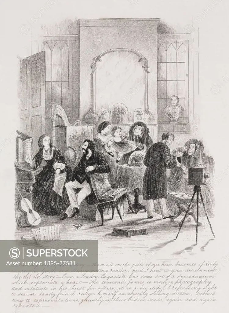 Illustration of a Victorian drawing-room in a rectory, full of people and cluttered with musical instruments. The rector, Reverend James, is mad on p...
