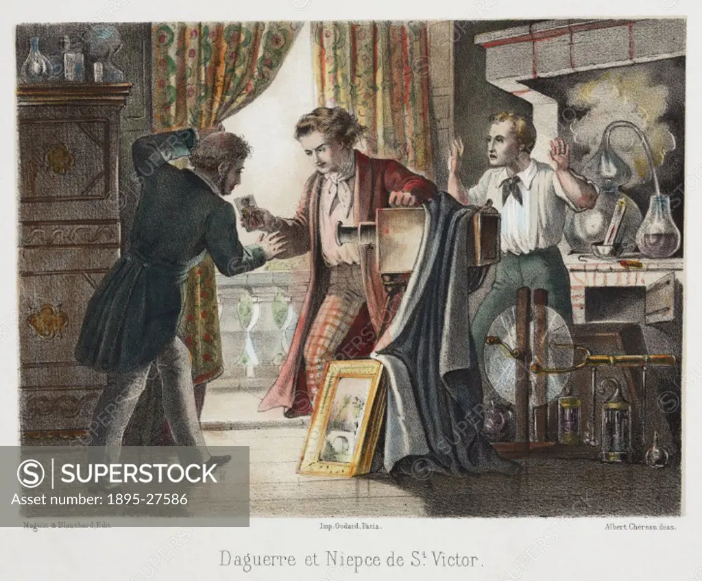 Chromolithograph by Chereau showing Louis Jacques Mande Daguerre and the nephew of Joseph Niepce, Claude-Felix-Abel Niepce de Saint-Victor. Daguerre (...