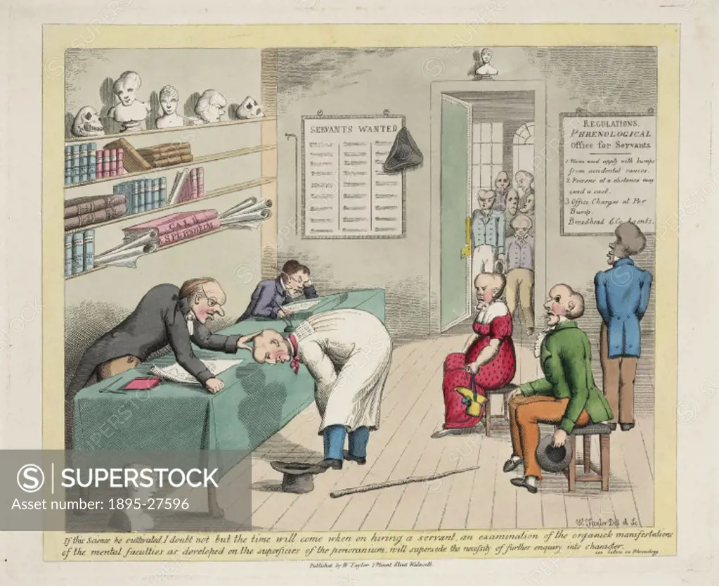 Colour etching by W Taylor satirising the work of Franz Joseph Gall and Johann Spurzheim, proponents of phrenology, showing a doctor examining a patie...