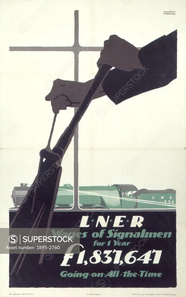 Poster produced for the London and North Eastern Railway (LNER) announcing the increase of signalmens wages. The poster shows a pair of hands manuall...