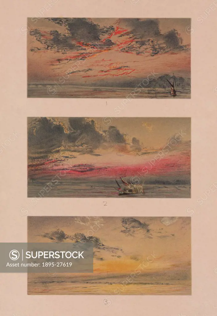 Print of three pastel sketches by William Ashcroft (1832-1914) illustrating twilight and afterglow effects at Chelsea in London on 26th November 1883....