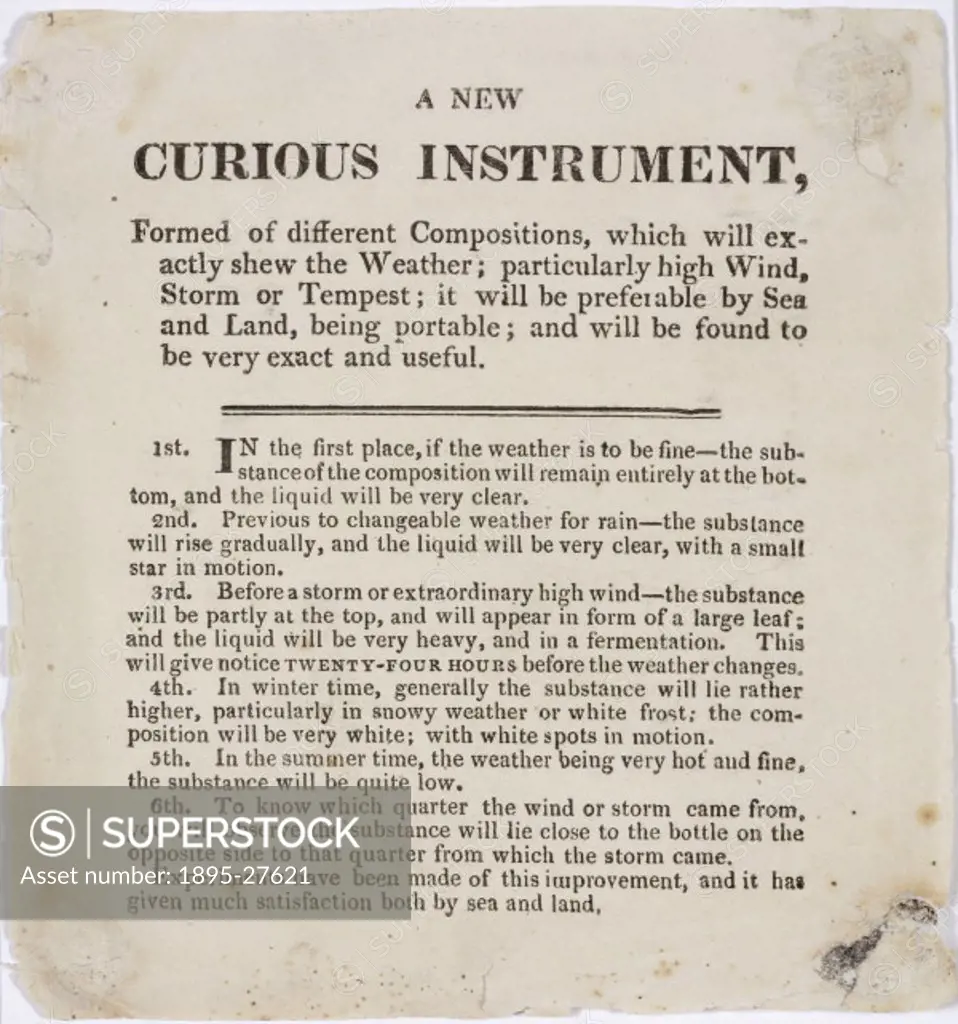 ´Letterpress used to promote an instrument relating to weather glasses, formed of different compositions, which will exactly shew the weather; partic...