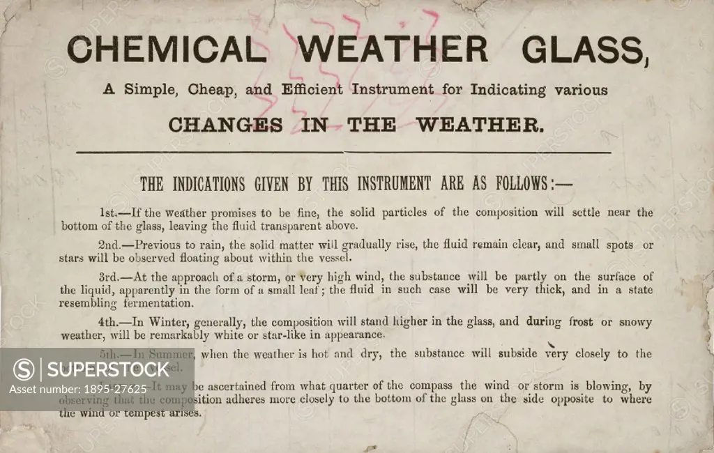 Promotional description of a chemical weather glass, an instrument used for predicting the weather.