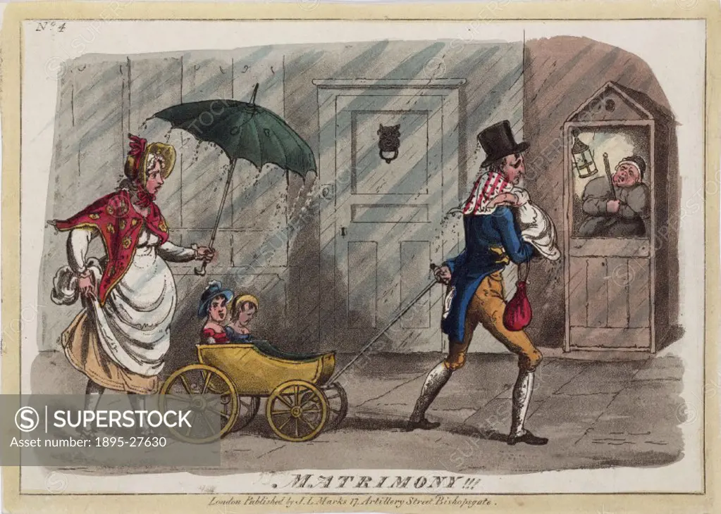 Coloured etching satirising the state of matrimony, showing a family walking along a street in the pouring rain. While the wife and mother at the back...