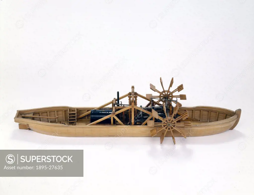Model (scale 1:27) representing the first experimental steamboat, built at Paris for Robert Fulton, the American pioneer of steamboat propulsion. On t...