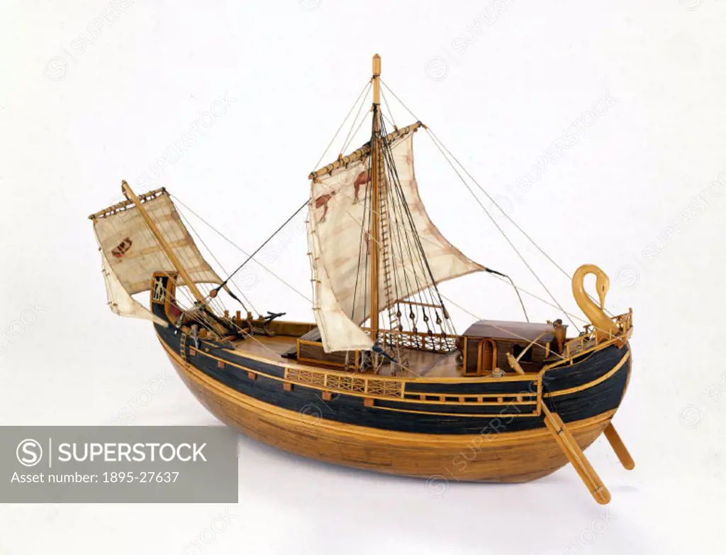 Model (scale 1:60) based on contemporary reliefs from Italy and the Syrian coast. These ships brought corn from the coast of Egypt and the Levant. The...