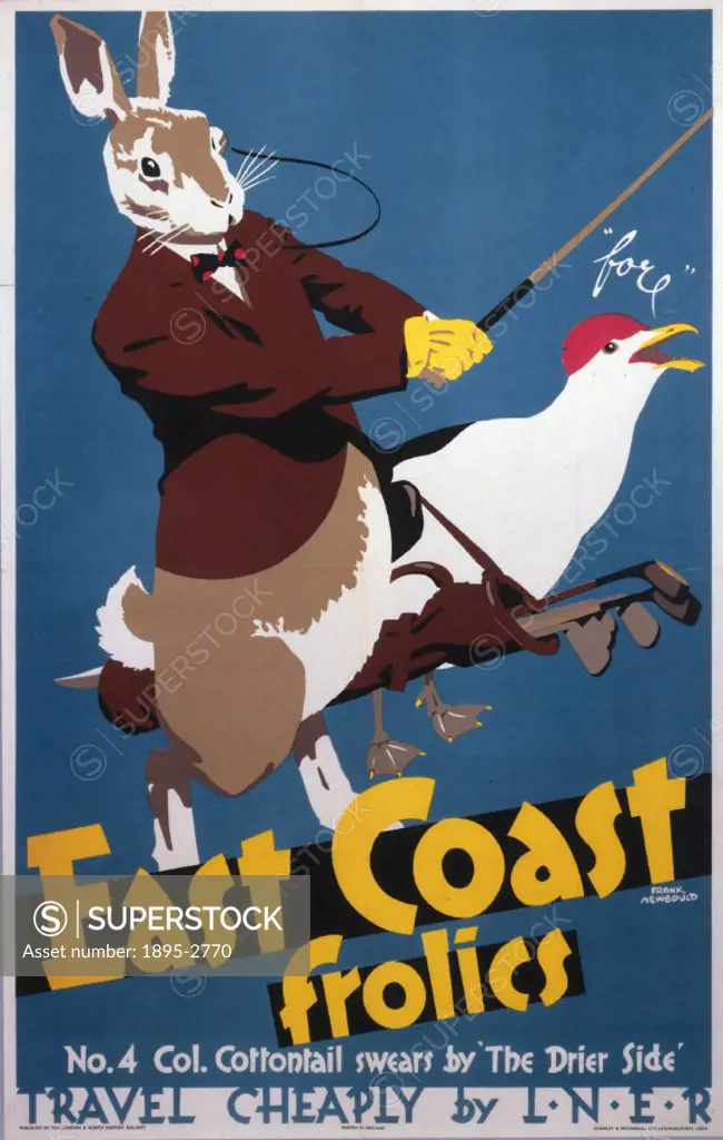 Poster produced for the London & North Eastern Railway (LNER) to promote rail travel to the East Coast of England. The poster shows a rabbit swinging ...