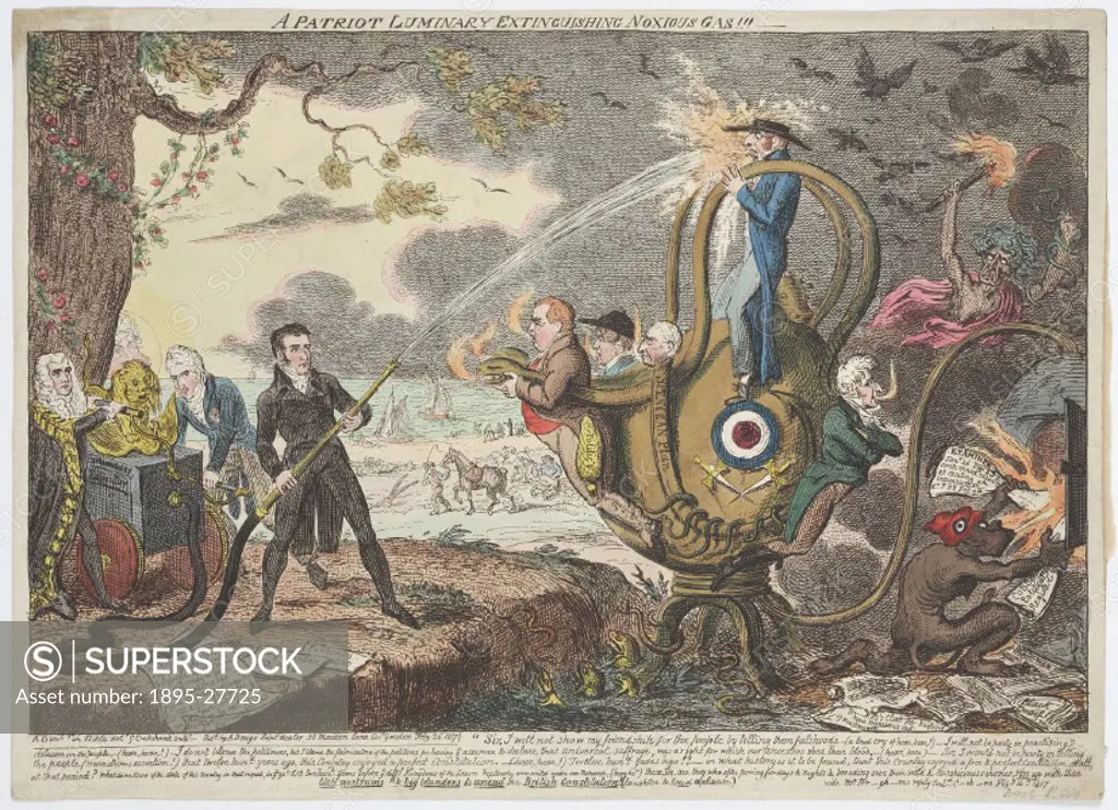 Coloured satirical etching by George Cruikshank (1792-1878). The politician, Baron Brougham, is shown directing a fire-hose onto gas flames issuing fr...