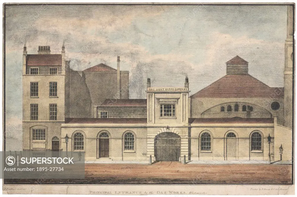 Hand-coloured lithograph by T Faulkner, architect of the Gas Light & Coke Company buildings in Westminster showing the principal entrance to the gas w...